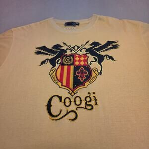 COOGI Vintage Y2K Royal Shield Crest Embroidered T-Shirt Yellow Gold Sz 4XL